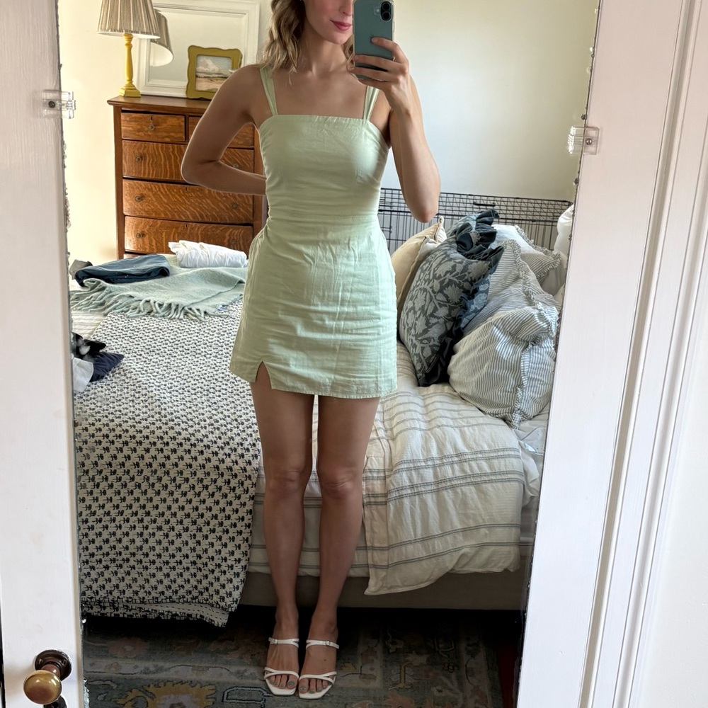 Abercrombie & Fitch Light Green Linen Blend Wide-Strap Mini Dress
